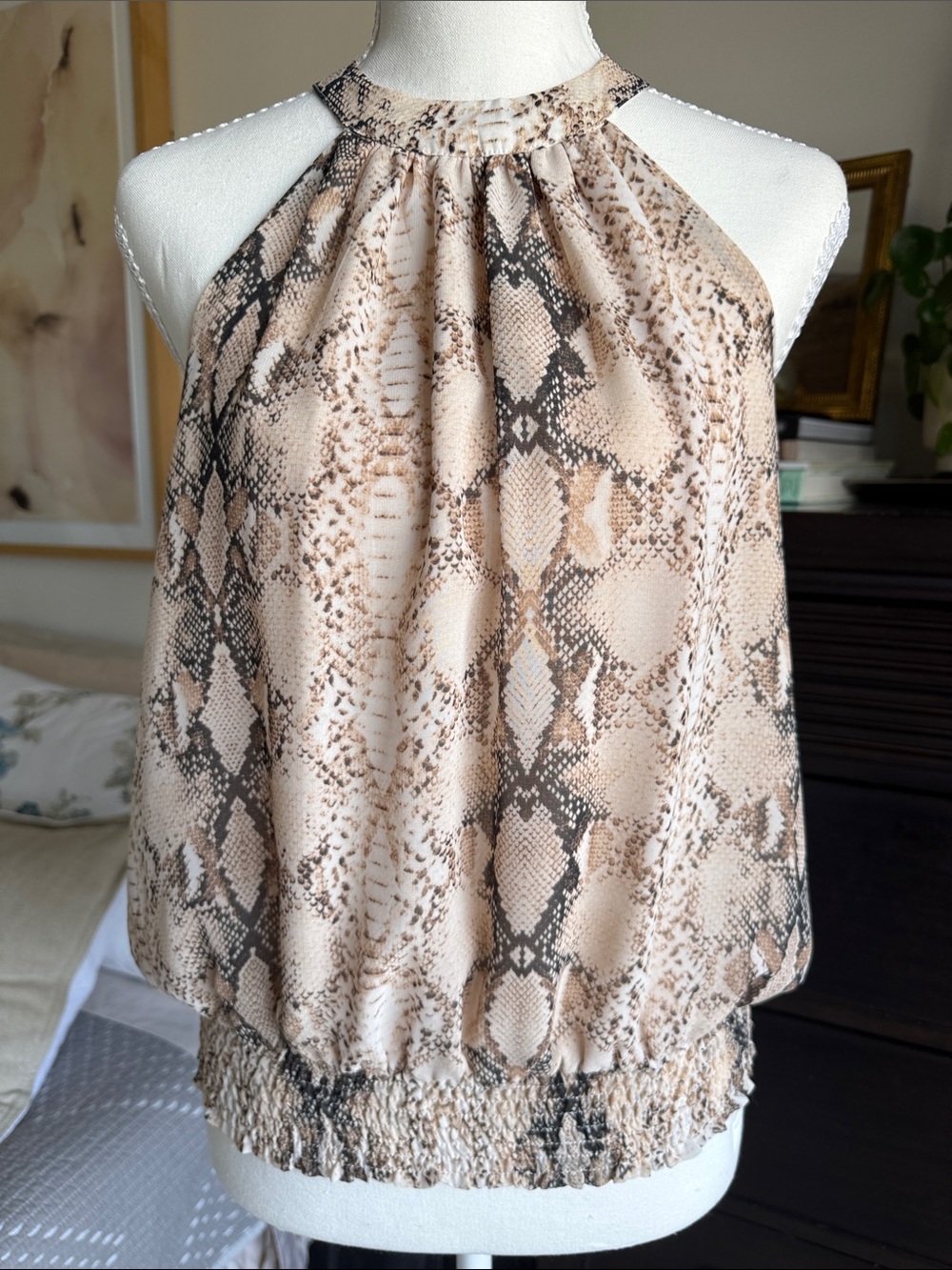 Olivaceous Beige Snake-Print Halter Camisole